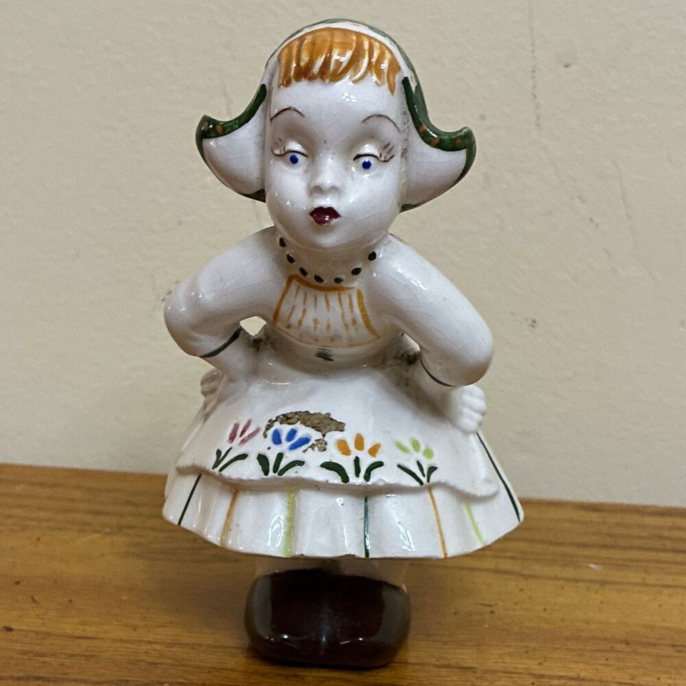Hand Painted Ceramic Dutch Girl Figurine Floral White Dress Bonnet Glossy